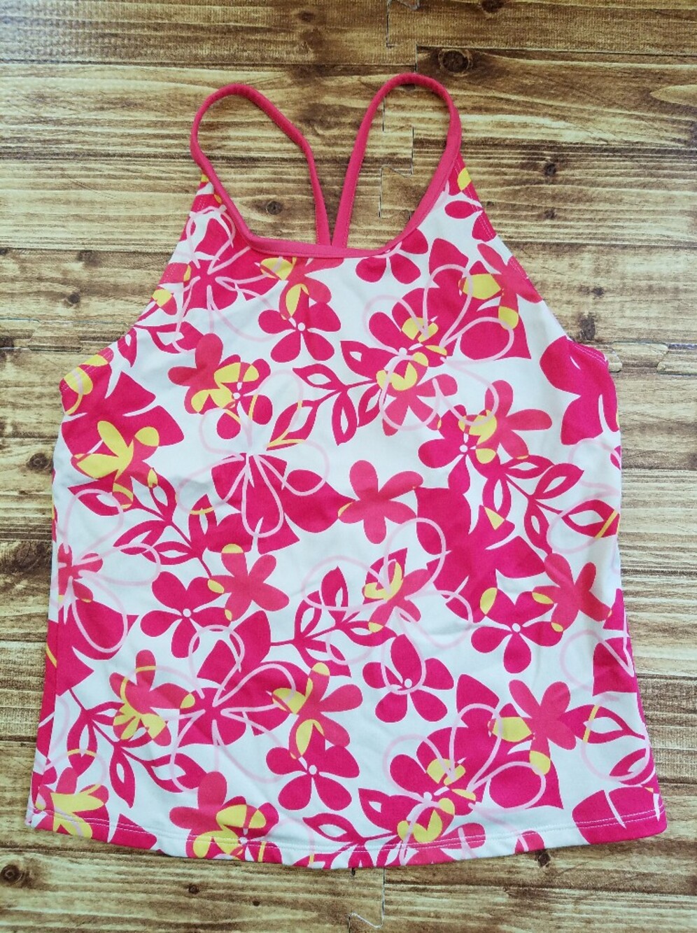 L.L. Bean Girls Size 16 Floral Tankini Swim Top Pink Yellow UPF 50+